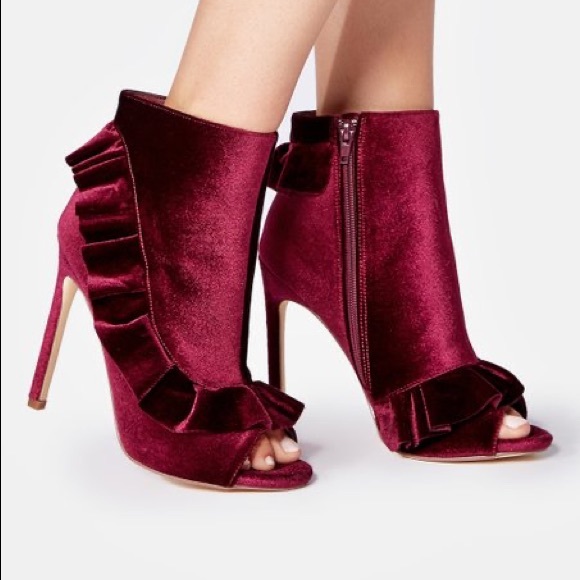JustFab Shoes - JUSTFAB BORATI BERGUNDY VELVET RUFFLED PEEPTOE